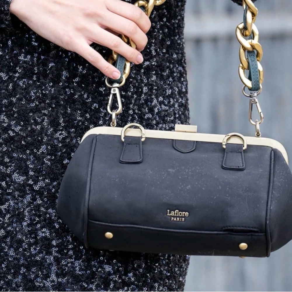 Laflore Paris Black cork/Leather Chain Bag with wallet - Picture 2 of 4